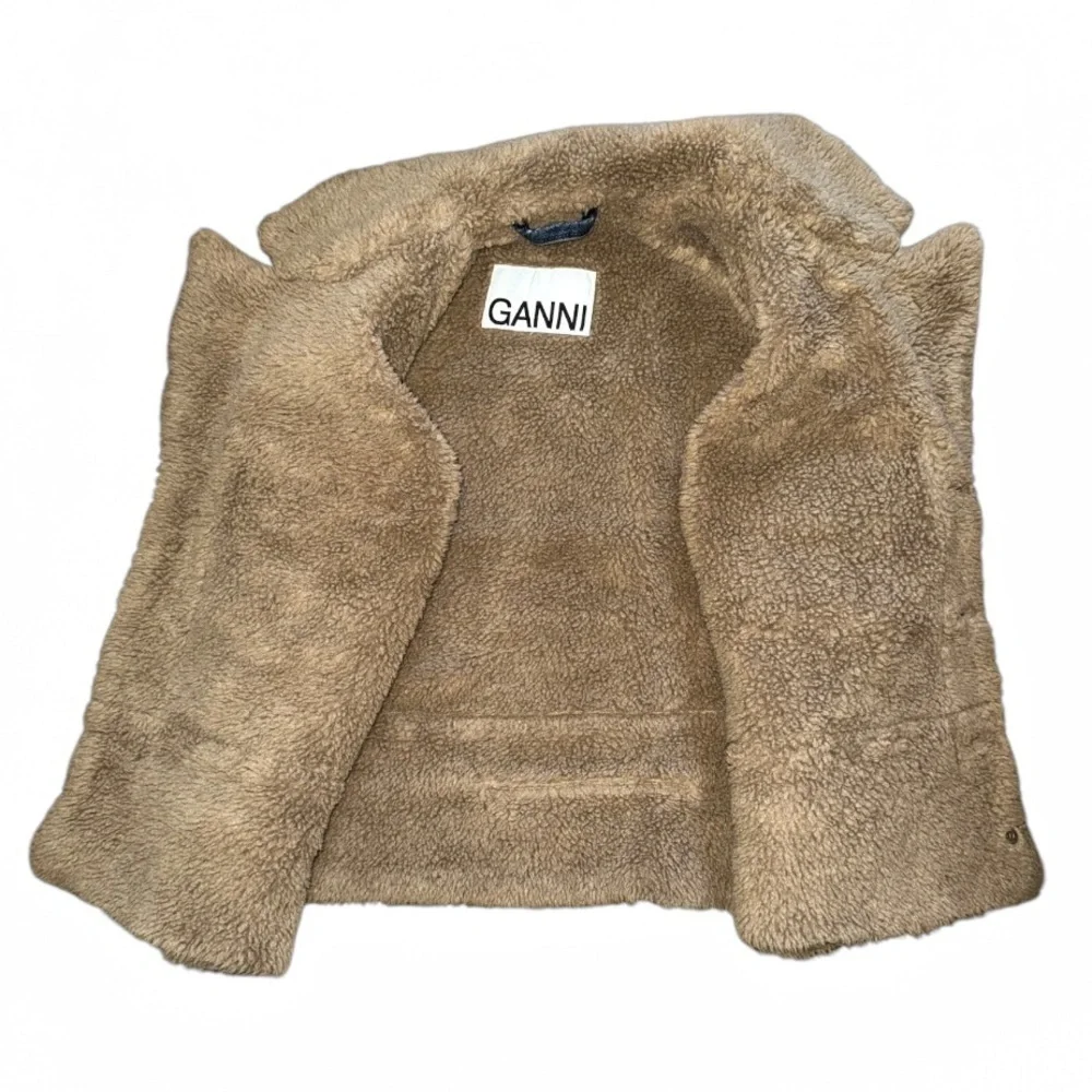 GANNI Fluffy Faux Shearling Sherpa Trim Denim Vest Gilet Embroidered Logo US 8